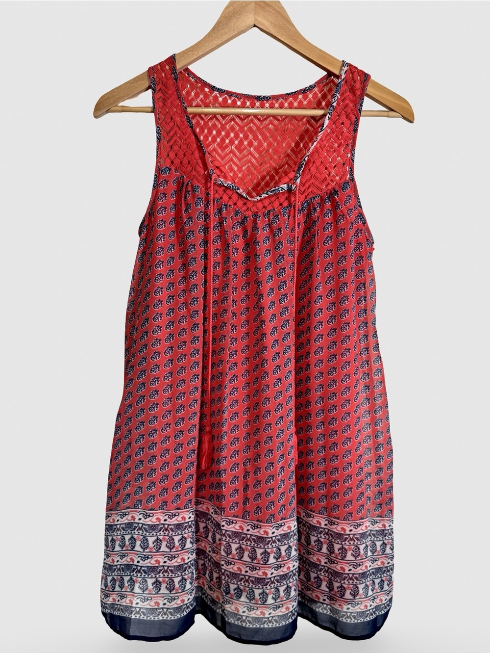 As U Wish Coral Sleeveless Lace Yoke Dress Boho Tassel Size S